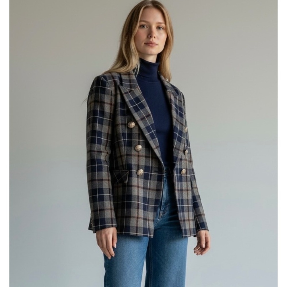 Autres Filles Plaid Double Breasted Blazer Size XL Navy Grey Professional Core